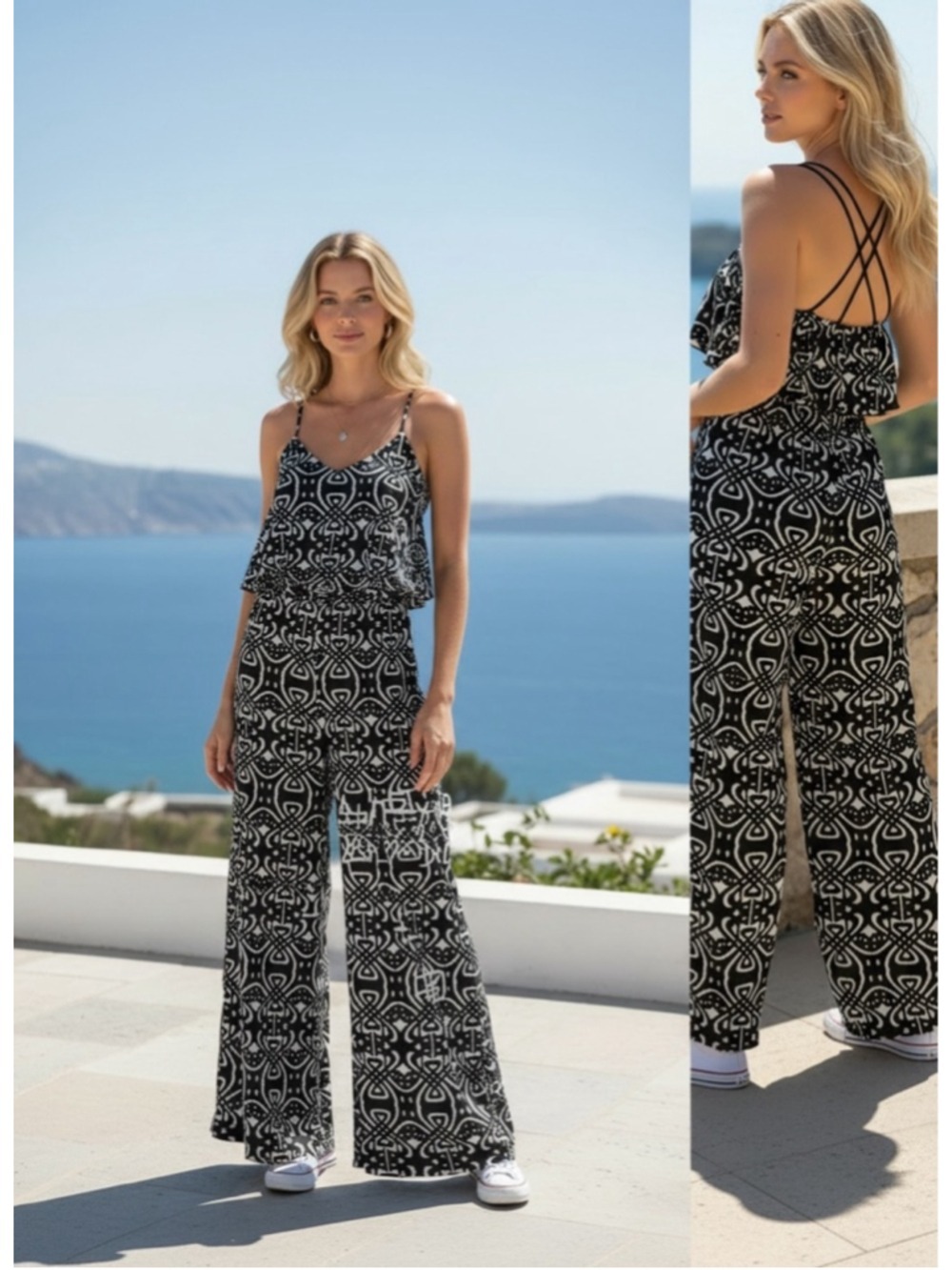 ark & co. Black & White Geometric Strappy Back Wide-leg Jumpsuit Size S